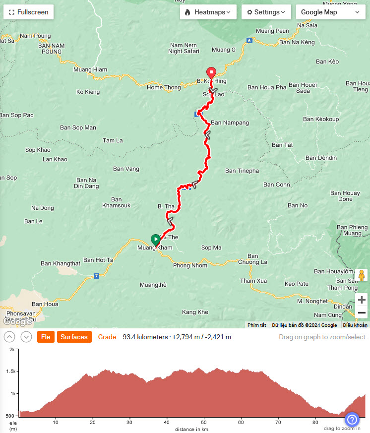 Cycling Laos - route map from MuangKham to NamNeun