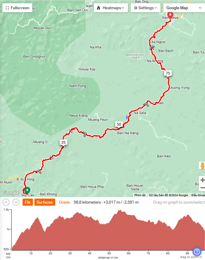 Cycling Laos - route map from NamNeun to SamNeua