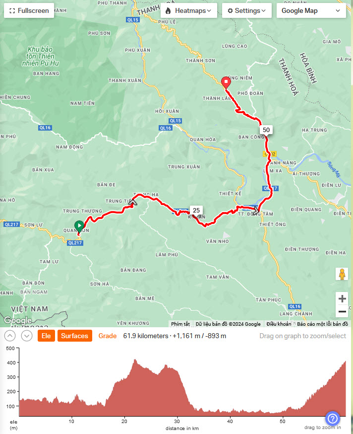 Cycling Laos to Vietnam - map QuanSon to PuLuong