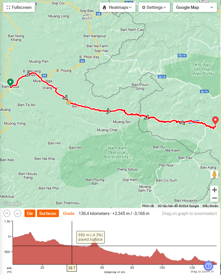 Cycling Laos - route map from SamNeua to ViengXai NaMeo border and to QuanSon